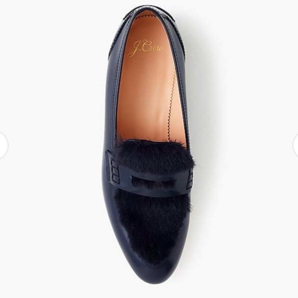 J. CREW Academy Penny Loafers Fur Trim Navy